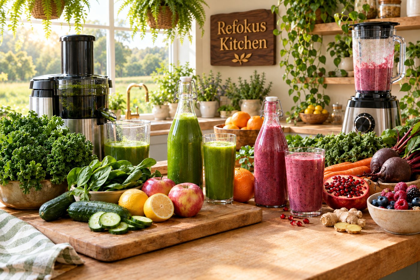 The Refokus Kitchen: fresh green juice, berry smoothies, a juicer, a blender, fruits and vegetables on a wooden counter, with hanging ferns, a window onto a green field and a carved Refokus Kitchen sign